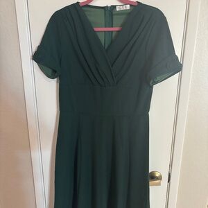 V Neck Dark Green Pleated Waist Vintage Dress